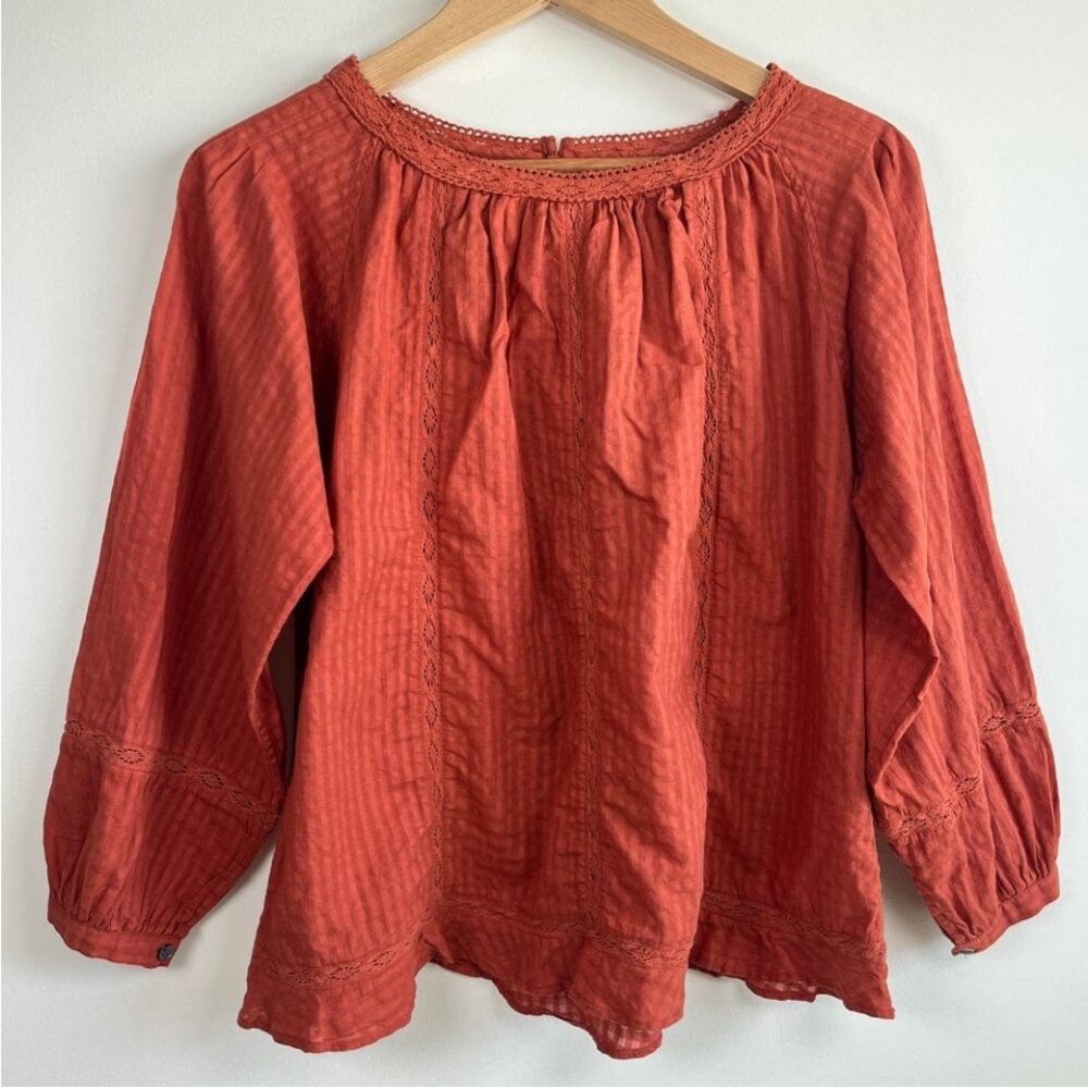 Soeur Dorothy Blouse
Lace Trim Cotton Rust Orange Peasant Blouse
Size 36 Small